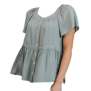 NWT Baltic Born Unity Button Down Sage Green Rayon Flowing Boho Top Size Small